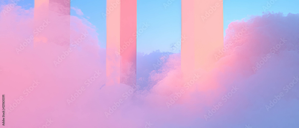 Poster Flowing smoke interacts with abstract architecture, enhancing scale and perspective