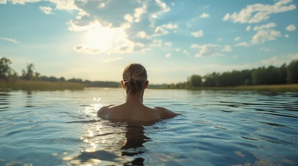 Fototapeta premium Embracing the refreshing waters, a woman swims peacefully in a lake, surrounded by lush greenery and bathed in soft sunlight. The perfect moment of relaxation and connection with nature