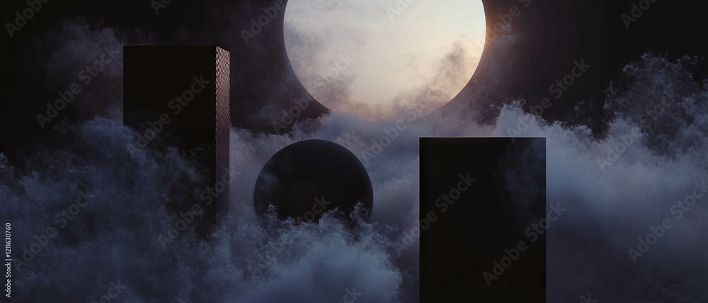 Poster Abstract smoke and geometric shapes create modern design in a striking interplay of forms