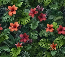 Selbstklebende Fototapeten Colorful tropical leaves and stems in a lush green seamless background with a mix of exotic flowers, foliage, botanical style © Phetthanousack
