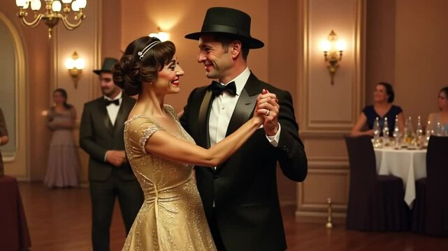 A fashionable 1920s couple dances in a lively speakeasy, the woman dazzling in a beaded flapper dress.