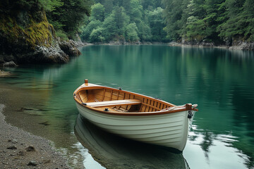 Fototapeta premium Small Electric Boat's Silent Glide into a Secluded Cove's Calm Waters