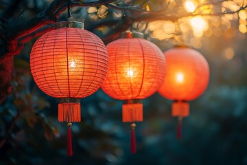 Illuminated Red Lanterns Hanging From Tree Branches