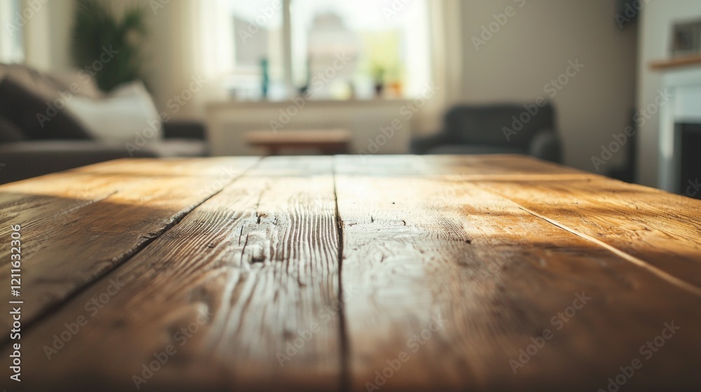 Poster sunlight filters through the windows, casting soft shadows on the aged wooden table. the cozy living