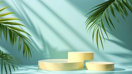 Fototapeta premium Three Yellow Cylinders Display a Podium Against A Green Background With Framed by Palm Leaves