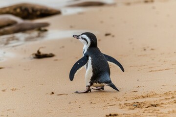 Fototapeta premium A fairy penguin waddling across a sandy beach at Phillip Island, returning from a day of fishing in the ocean