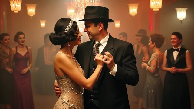 A fashionable 1920s couple dances in a lively speakeasy, the woman dazzling in a beaded flapper dress.