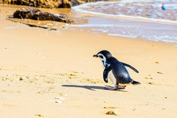 Obraz premium A fairy penguin waddling across a sandy beach at Phillip Island, returning from a day of fishing in the ocean