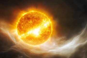 Fiery sun blazing intensely in dark space, surrounded by swirling clouds.