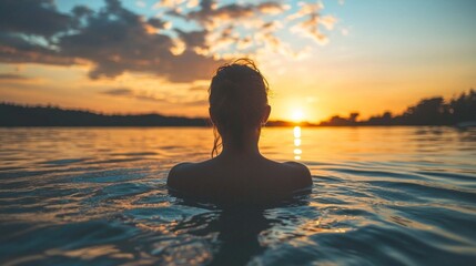 Fototapeta premium A woman enjoys a peaceful swim in a serene lake during sunset, surrounded by gentle ripples and the warm glow of the setting sun illuminating the horizon