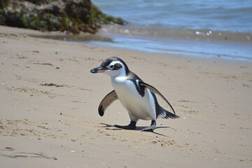 Obraz premium A fairy penguin waddling across a sandy beach at Phillip Island, returning from a day of fishing in the ocean