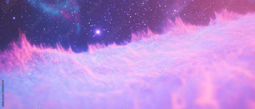 Poster celestial sound waves flow through a vibrant cosmic landscape filled with stardust