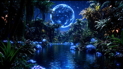 Fototapeta premium Enchanted Night: A Tropical River Under a Blue Moon