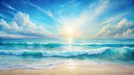 Obraz premium Serene Coastal Scene Sunlit Waves Rolling Onto a Sandy Shore at Dawn