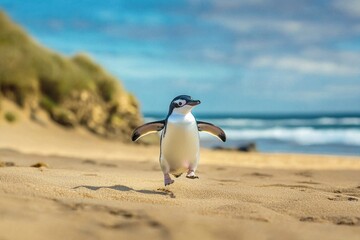 Fototapeta premium A fairy penguin waddling across a sandy beach at Phillip Island, returning from a day of fishing in the ocean