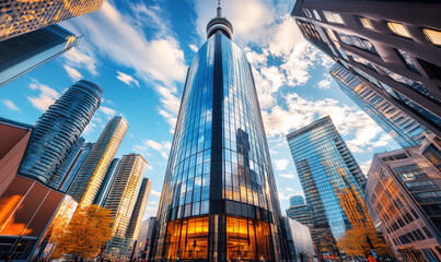Obraz premium The fa ç ade of modern skyscrapers and glass curtain wall buildings in the city