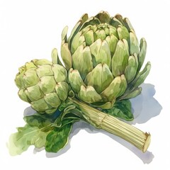 Fototapeta premium Artichoke Still Life: A detailed watercolor painting of two artichokes, one large and one small, connected by their stem, showcasing their intricate texture and vibrant green hues.