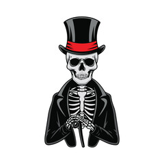 Victorian Skeleton in Top Hat and Suit Illustration – Elegant Gothic Art Design, vector illustration.