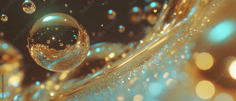 Poster spheres emerge from shimmering liquid in an abstract 3d visual experience