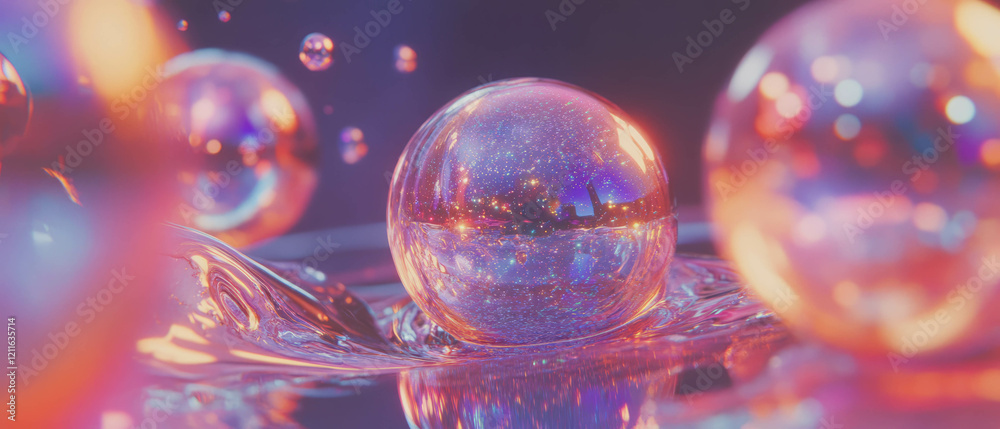 Poster Mesmerizing display of 3D spheres emerging from a glittering liquid pool