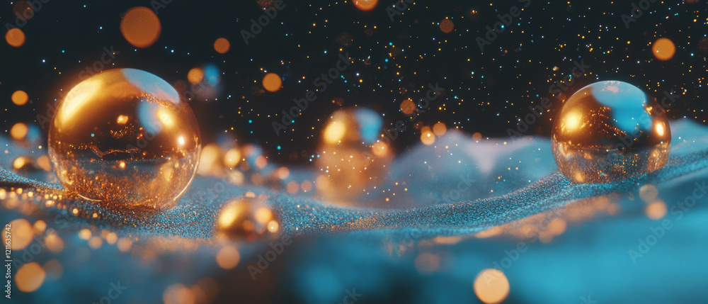 Poster Spheres emerge from glittering liquid in an abstract mesmerizing background design