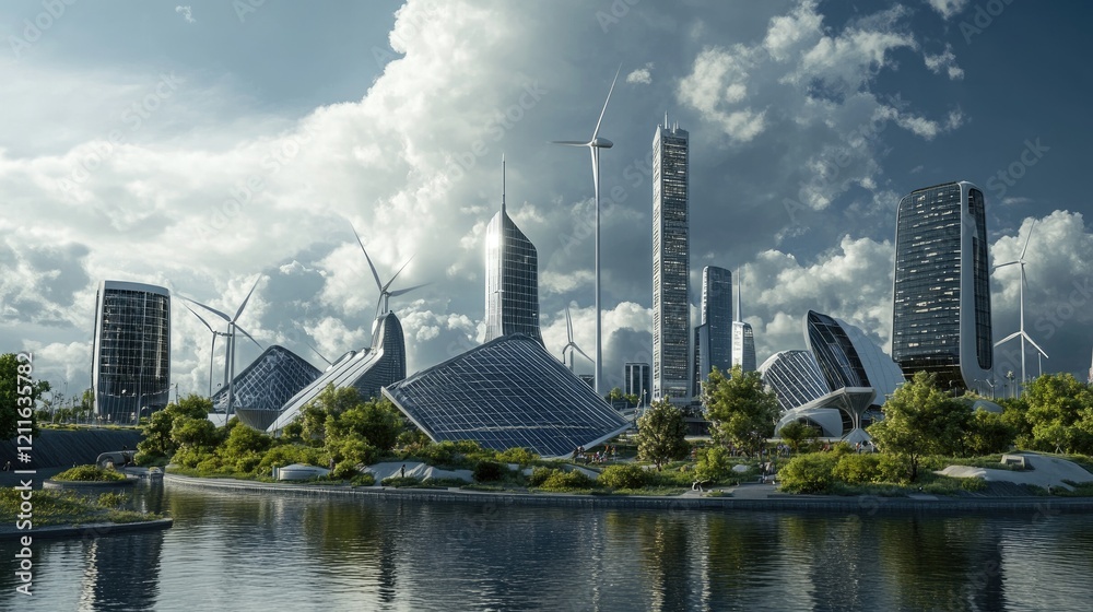 Poster a 3d rendering of a model city in the future, with sleek buildings powered by solar energy and wind 