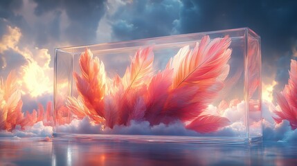 Floating colorful feathers in a transparent acrylic box against a soft cloudy background
