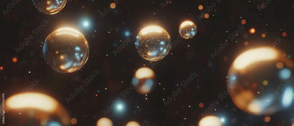 Poster floating spheres create an abstract cosmic landscape filled with starry backgrounds