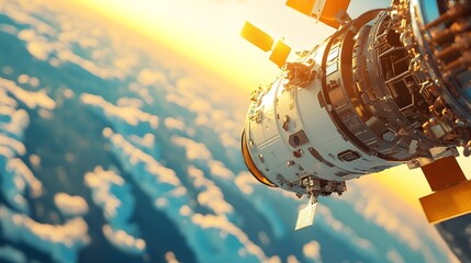 Fototapeta premium Advanced Robots Repairing a Satellite as Sunrise Occurs in Earth s Orbit