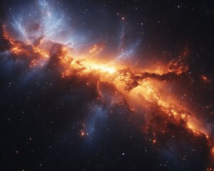 Fototapeta premium Fiery cosmic nebula with blue and orange hues in deep space.