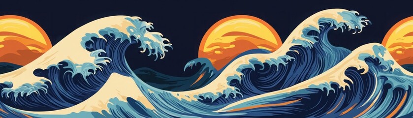 Vibrant Seascape Artwork Featuring Bold Waves and Rising Sun with Rich Textures and Dynamic Movements, Capturing the Essence of Nature&rsquo;s Power and Beauty