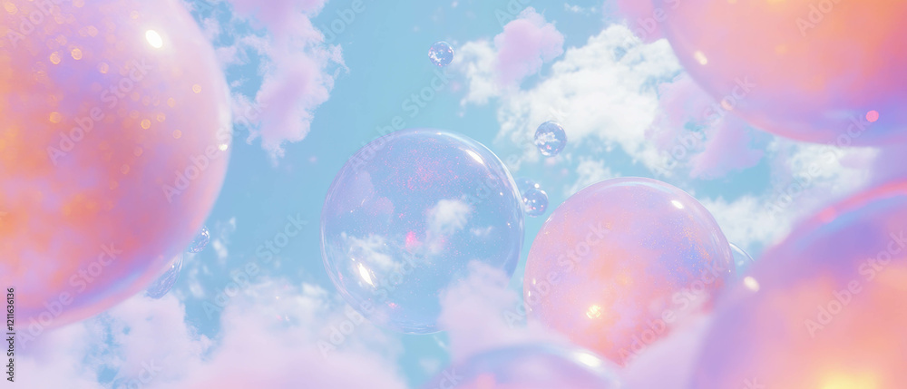 Poster ethereal 3d spheres floating in a dreamy cloud-filled atmosphere with soft glitter textures