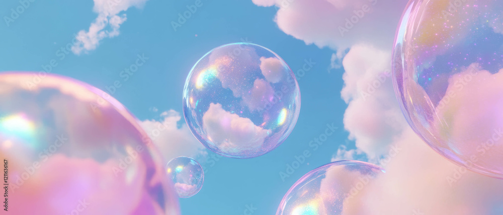 Poster ethereal spheres floating in a dreamy sky filled with clouds and soft glitter textures