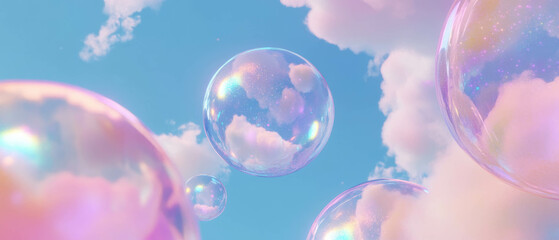 Ethereal spheres floating in a dreamy sky filled with clouds and soft glitter textures