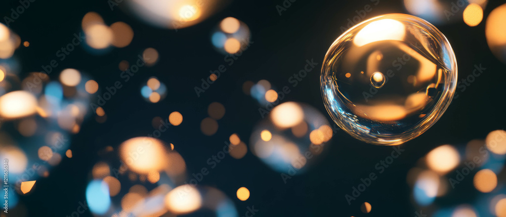 Poster abstract composition of liquid mercury spheres and glitter reflections in a dark setting