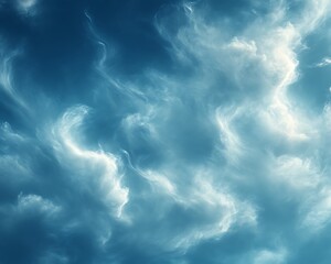 Dramatic swirling cloudscape, moody blue hues.