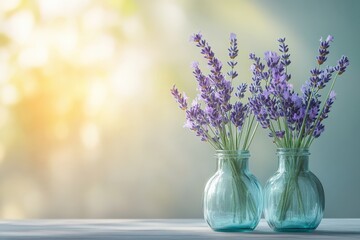 Beautiful Lavender in Glass Jars on Minimalist Table