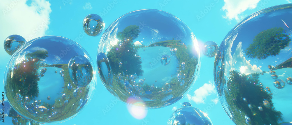 Aufkleber abstract background of 3d spheres reflecting tranquil nature and landscapes with empty central space