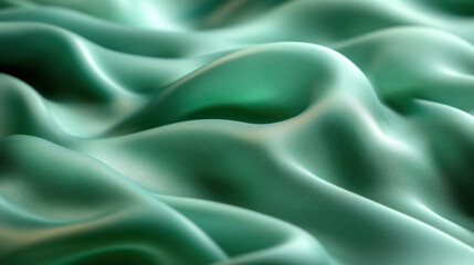 Obraz premium A close-up of silky emerald satin fabric with soft, undulating waves. The smooth and glossy material reflects light beautifully, creating a rich and elegant visual effect. 
