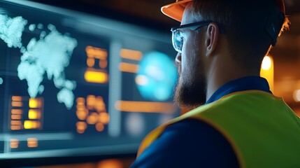 Logistics Manager Monitoring Global Supply Chain on Futuristic Holographic Dashboard