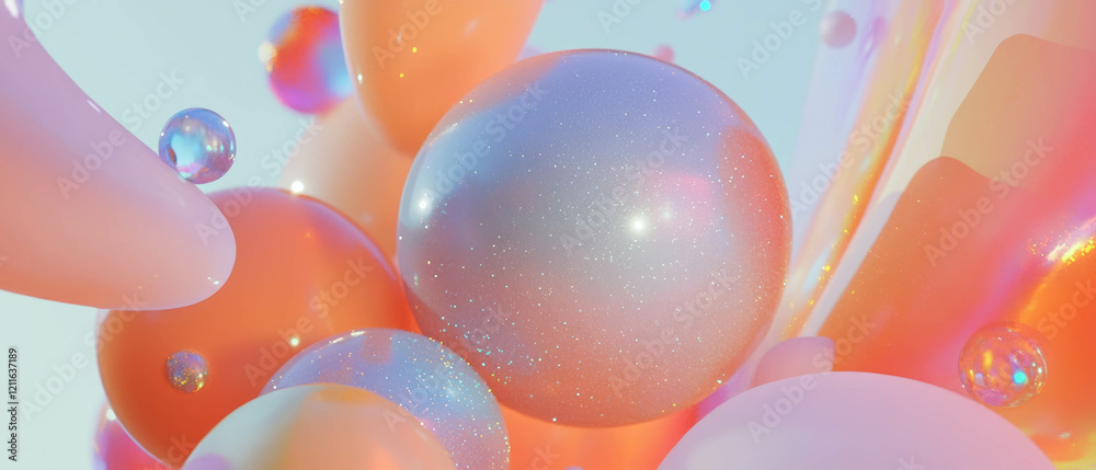 Poster Colorful abstract design featuring 3D spheres and intriguing symbols with empty space