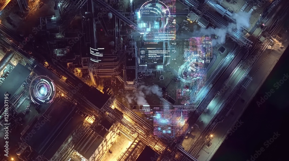 Aufkleber A bird's-eye view of an industrial site with holographic graphs and digital data displayed in the air, showing modern advancements in industrial operations.