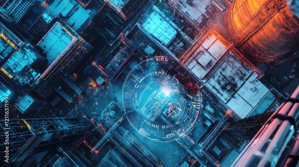 Aufkleber A bird's-eye view of an industrial site with holographic graphs and digital data displayed in the air, showing modern advancements in industrial operations.