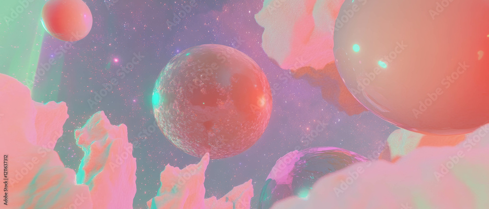 Poster cosmic spheres in an abstract space with vibrant colors and shimmering textures