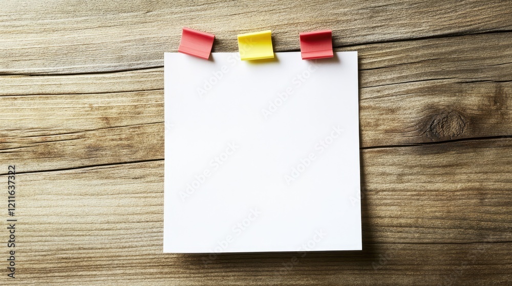 Poster A blank white paper note with a reminder message written on it, placed on a desk with adhesive tape at the edges.