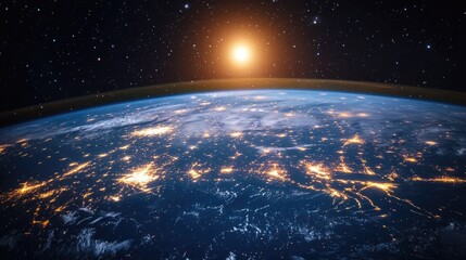 Obraz premium A breathtaking panoramic image of glowing skyscrapers with the rotating Earth in the background, set against a cosmic, star-filled sky.