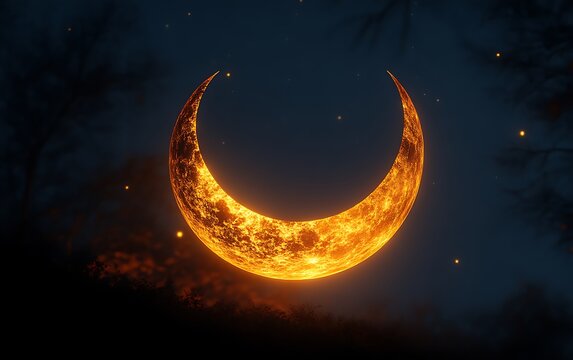 Fiery crescent moon in night sky. (5)