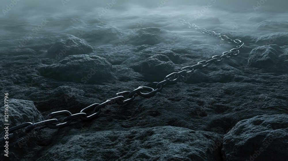 Poster a broken chain lies across dark gray rocks with a shadowy, moody background, symbolizing strength an
