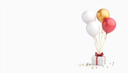 Colorful balloons floating above a beautifully wrapped gift box on a clean, white background