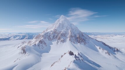 Majestic snow-capped peak, aerial view, clear sky, distant mountains, winter landscape; ideal for travel brochures